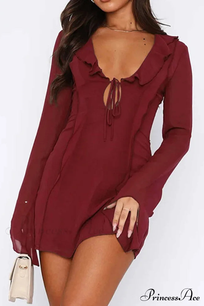 Long Sleeved Ruffled Mini Dress With Lace Up Detail Dresses