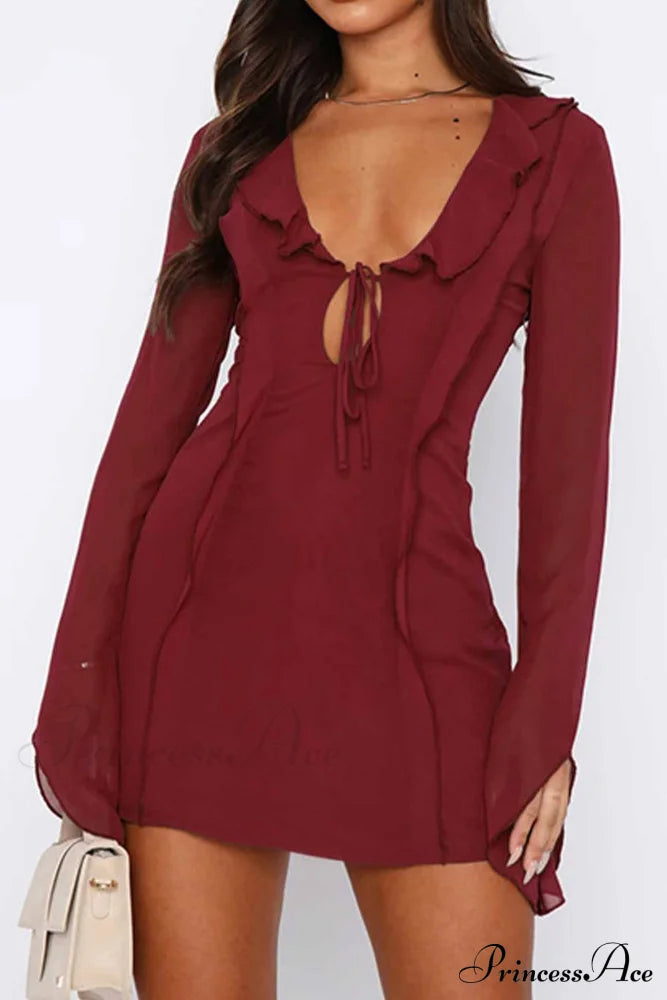 Long Sleeved Ruffled Mini Dress With Lace Up Detail Wine Red / M Dresses