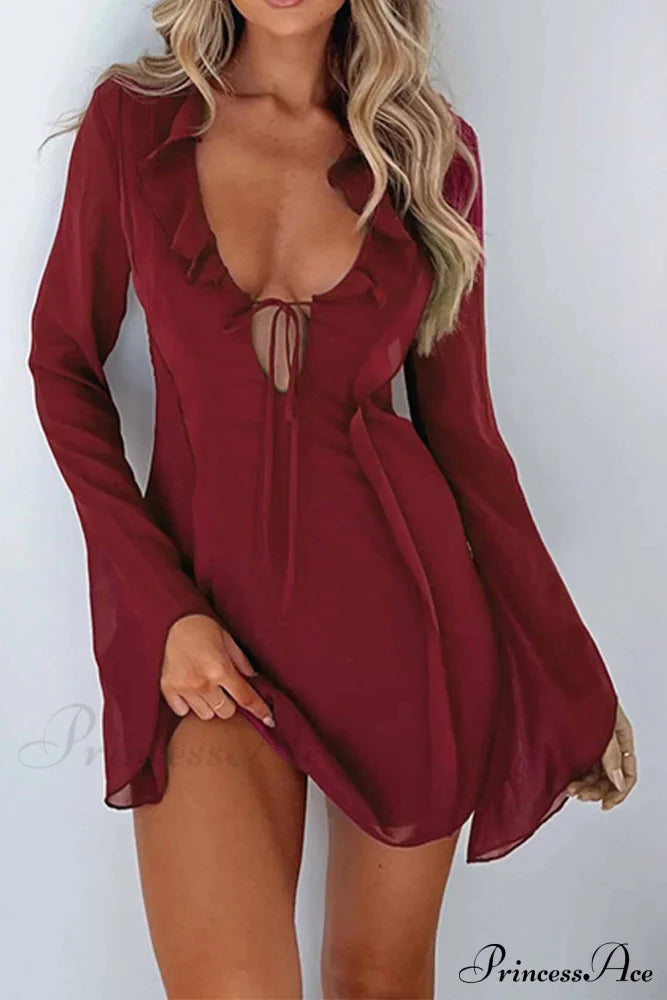 Long Sleeved Ruffled Mini Dress With Lace Up Detail Wine Red / S Dresses