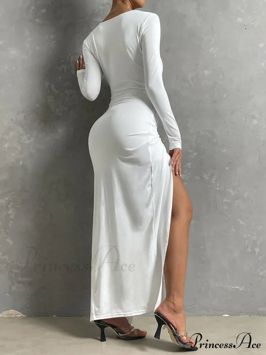 Long-Sleeved Square Neck Long High Split Nightclub Wear Hollow Out Cut Dress