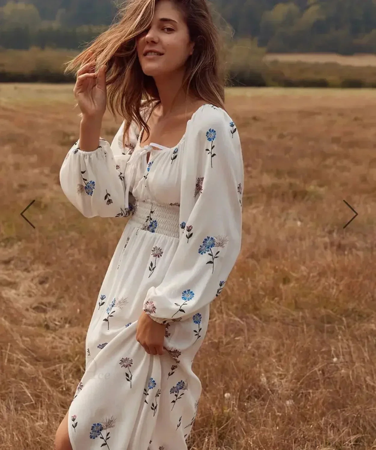 Long-sleeved Stretch Waist Split White Boho Dress bohodress-250126