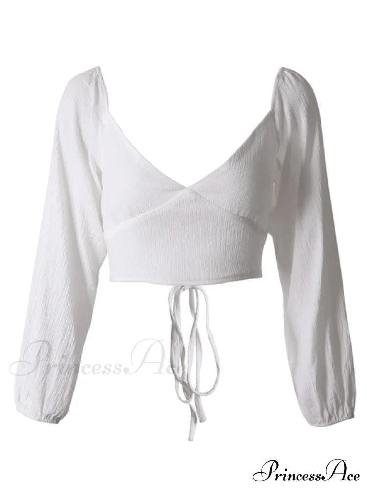 Long-Sleeved With Strap Crop Top V-Neck Women’s Tie