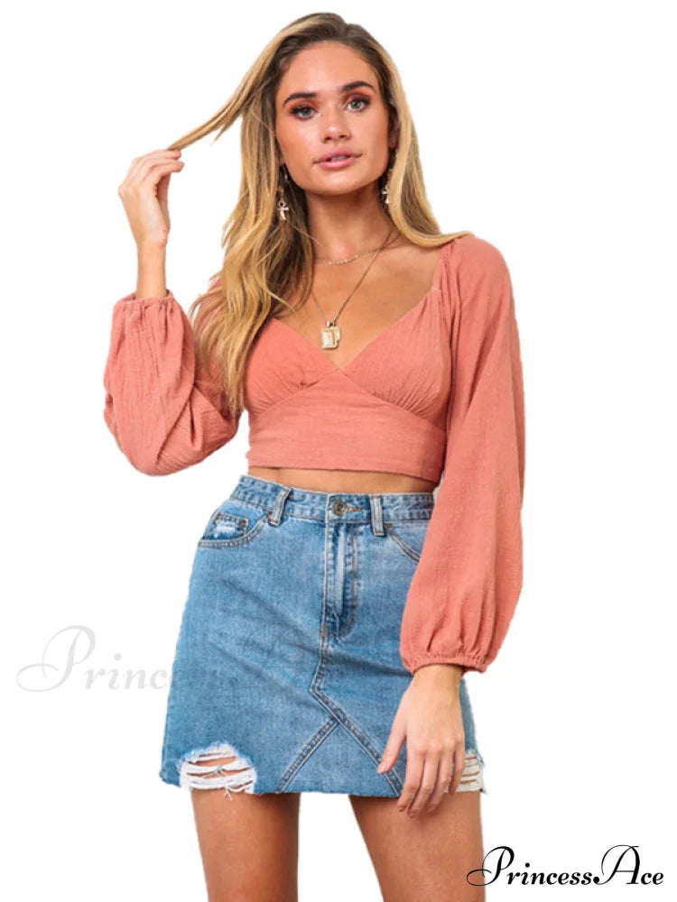 Long-Sleeved With Strap Crop Top V-Neck Women’s Tie