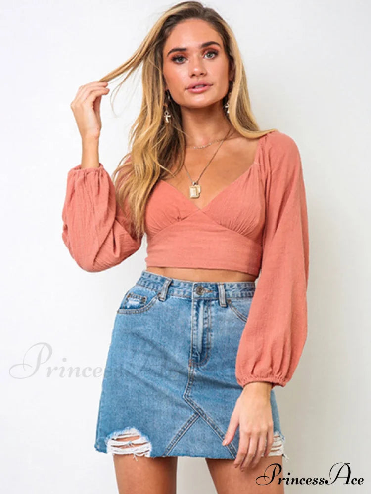 Women's navel long -sleeved strap tied V -neck short tube Crop top Red clothes crop top crop tops cropped cropped top croptop long sleeve shirt long sleeve shirts long sleeve top long sleeve tops shirt shirts top tops