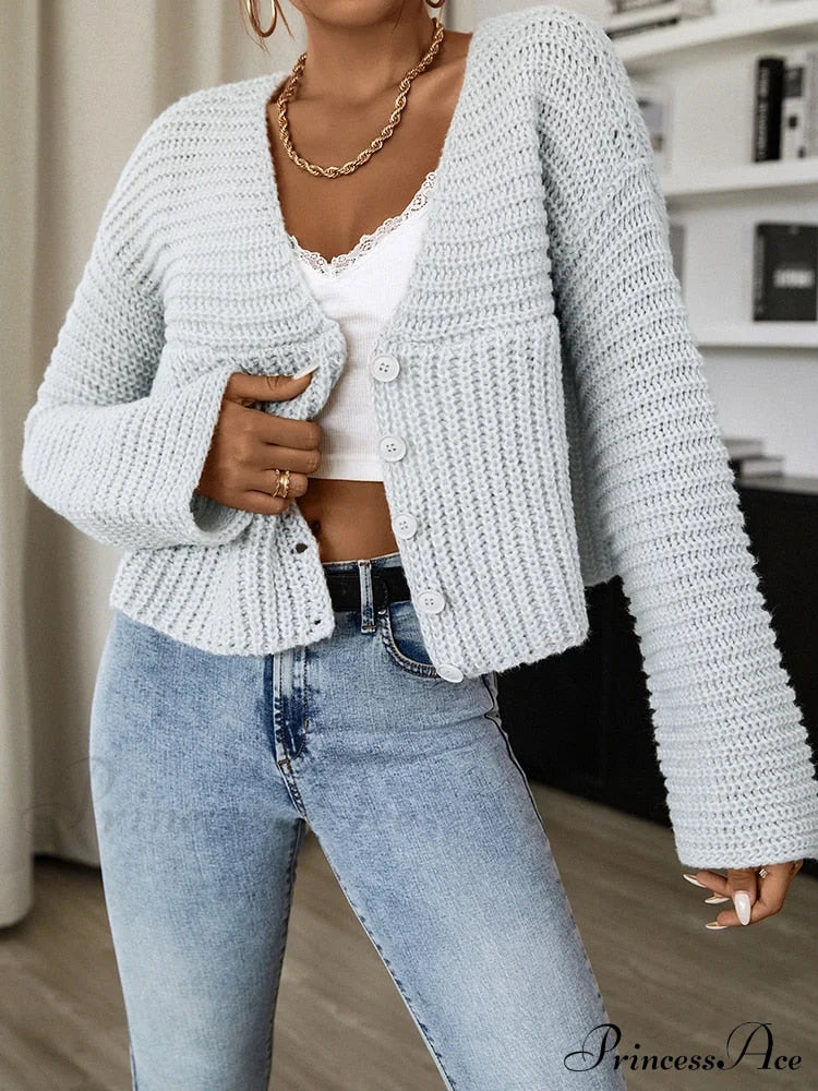 Long Sleeves V Neck Buttons Up Short Knit Open Cardigan