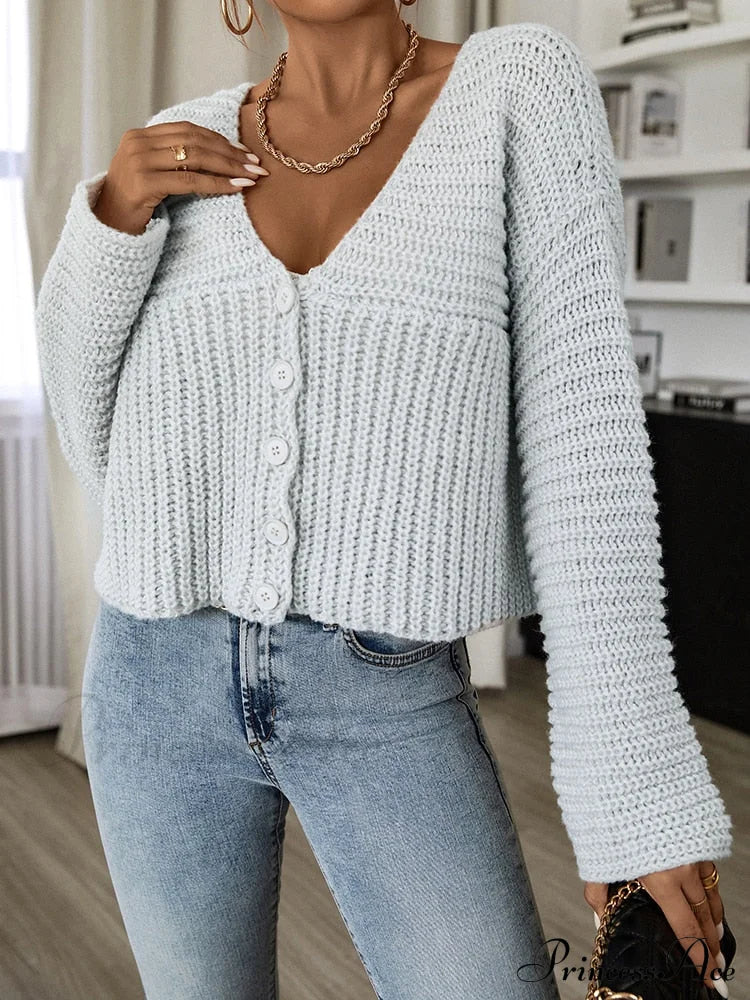 Long Sleeves V Neck Buttons Up Short Knit Open Cardigan