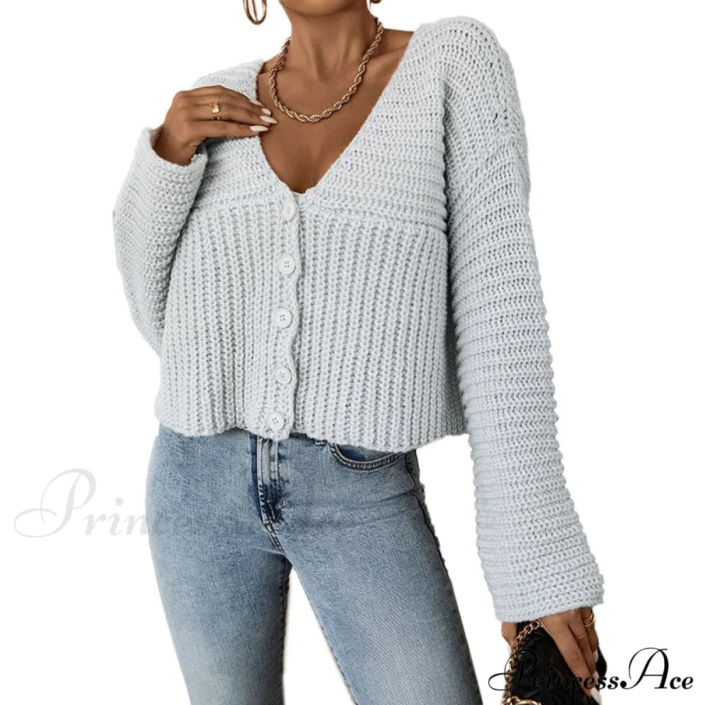 Long Sleeves V Neck Buttons Up Short Knit Open Cardigan Light Blue / S