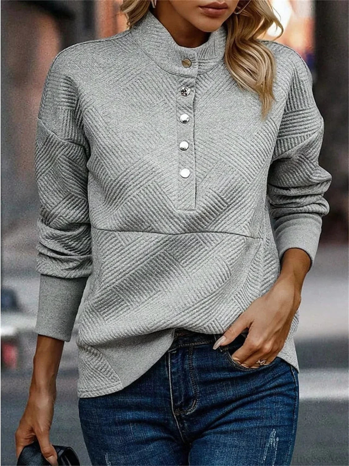 Long Sweatshirt Color Arm Textured Gray Neck Casual Pullover V Women’s Solid Top