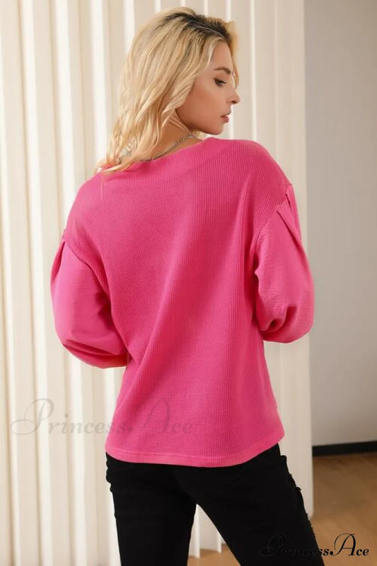 Long V-Neck Arm Waffle-Knit Blouse