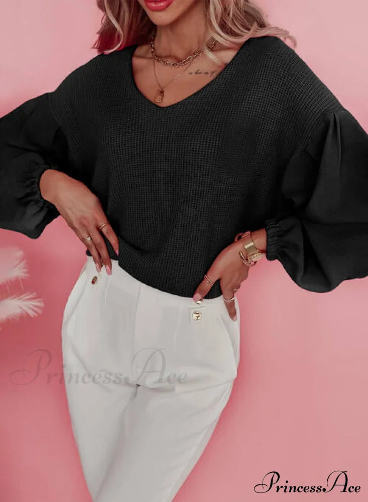 Waffle -Knit V-Neck Long Sleeve Blouse Black clothes long sleeve top Ship From Overseas shirt shirts SYNZ top tops