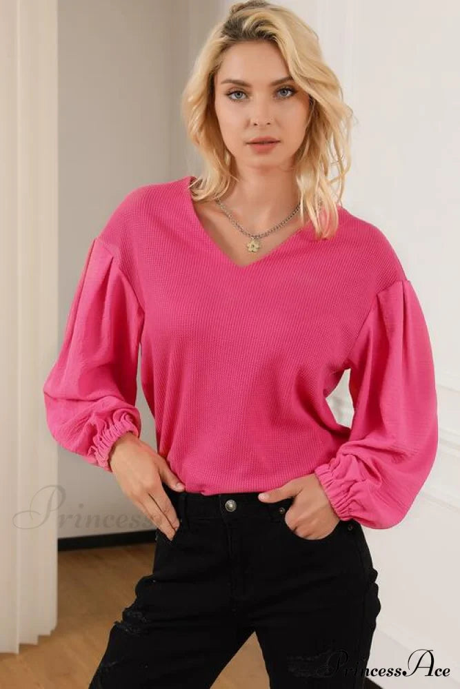 Waffle -Knit V-Neck Long Sleeve Blouse Hot Pink clothes long sleeve top Ship From Overseas shirt shirts SYNZ top tops