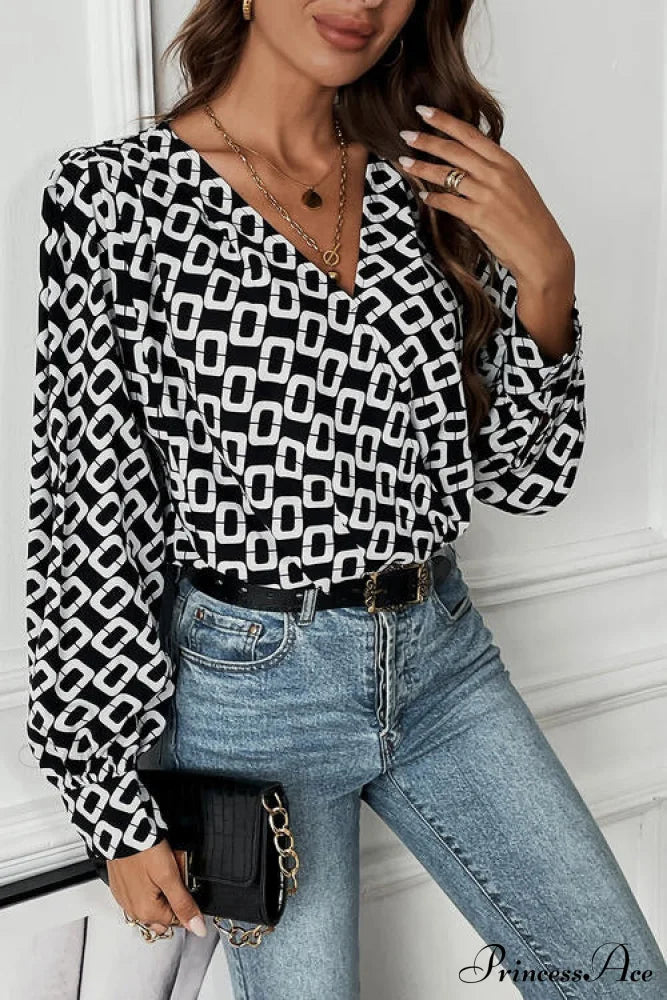 Long V-Neck Blouse Geometric Arm With Design