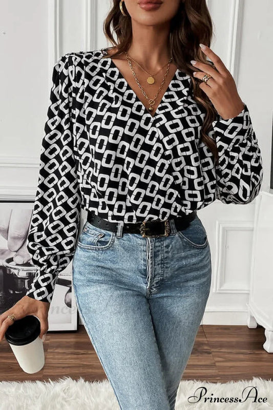 Long V-Neck Blouse Geometric Arm With Design