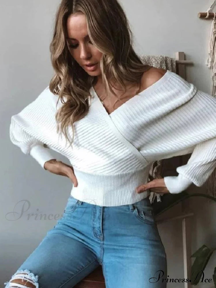 Women's Sweater Top, waisted off-shoulder long sleeve knitwear sweater White clothes long sleeve top shirt shirts sweaters top tops