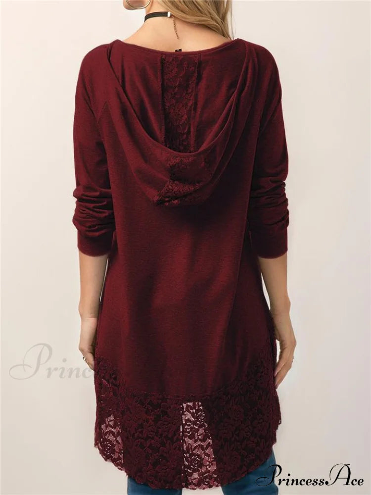 Long With Women Lace Patchwork Arm T-Shirt Hood Tops