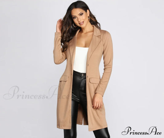 Longline Blazer For Boss Babes Tan / S Casual Woven Jackets