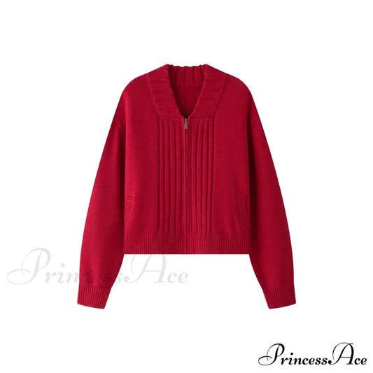 Loose Comfortable Wide Striped Cardigan Zipper Knitting Christmas Sweater Red / One Size Sweaters-L