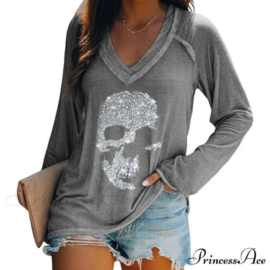 Women's Loose Skull Printed Long Sleeved V-neck Shirts Cotton Tops Gray __stock:200 clothes refund_fee:800 tops