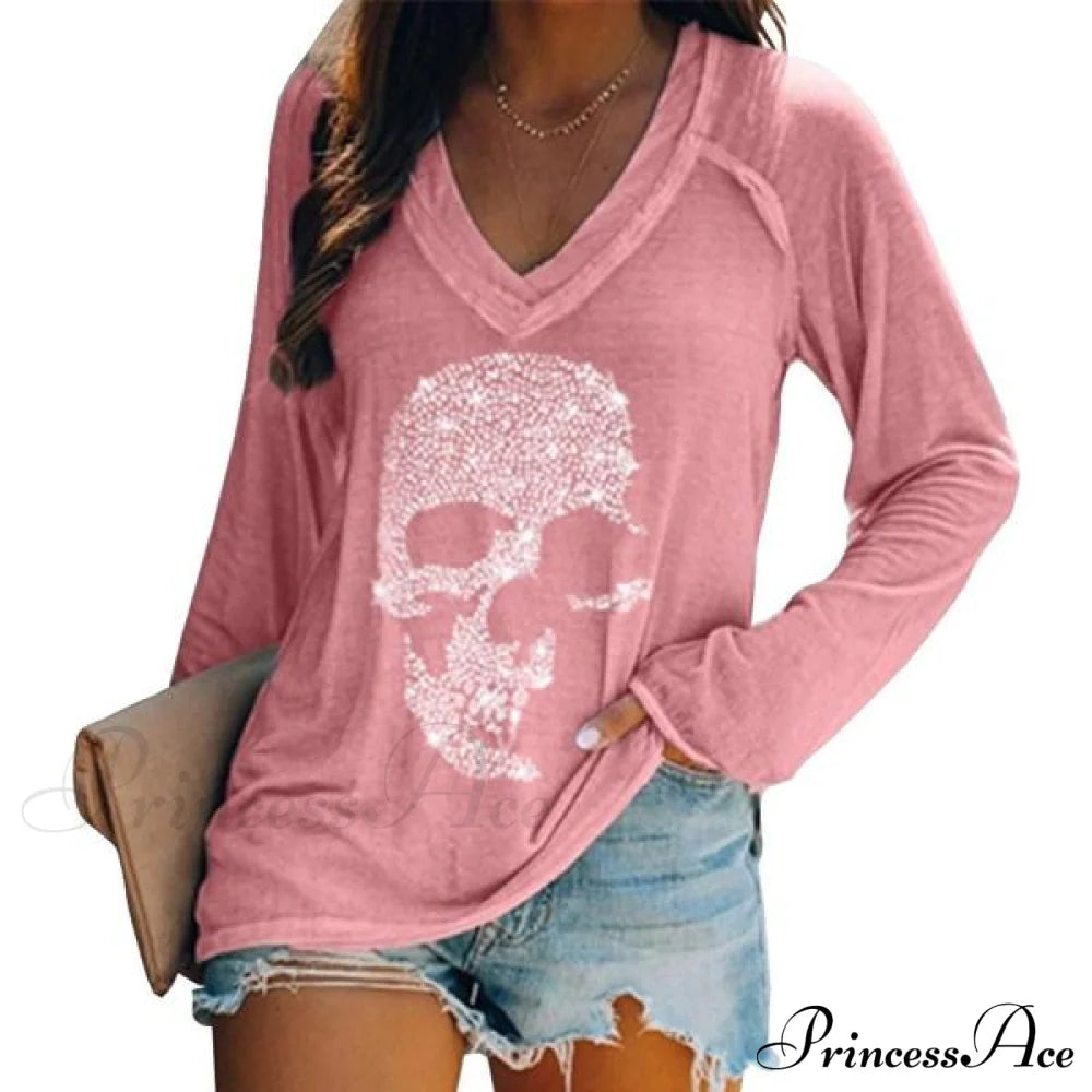 Women's Loose Skull Printed Long Sleeved V-neck Shirts Cotton Tops Pink __stock:200 clothes refund_fee:800 tops