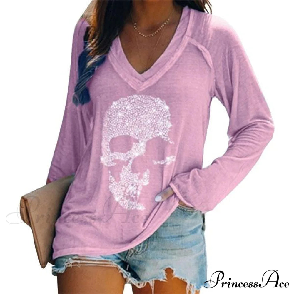 Women's Loose Skull Printed Long Sleeved V-neck Shirts Cotton Tops Purple __stock:200 clothes refund_fee:800 tops