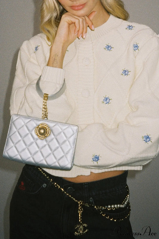 Loose Crew Neck Flower Embroidery Diamond Button Short Knit Cardigan