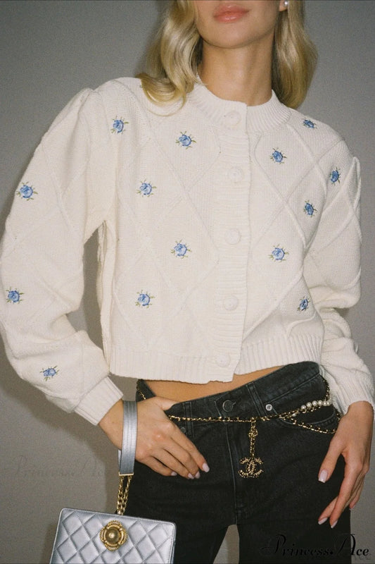 Loose Crew Neck Flower Embroidery Diamond Button Short Knit Cardigan White / S