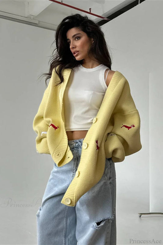 Loose Dachshund Embroidery Knit Button Cardigan Yellow / S