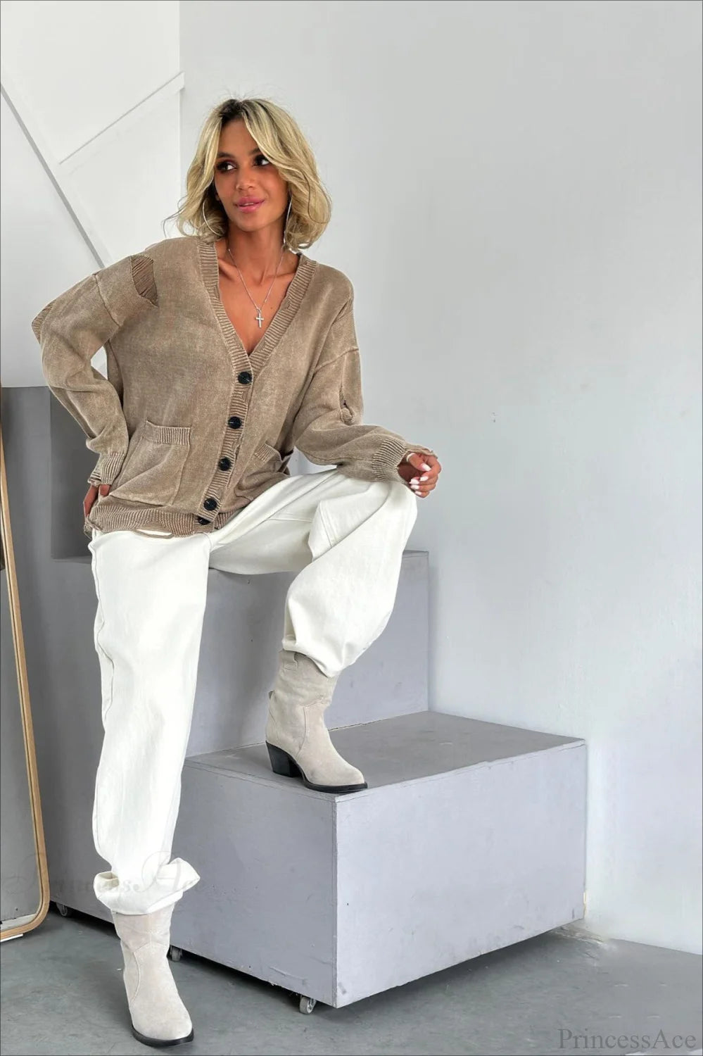 Loose Deep V Neck Knit Button Cardigan