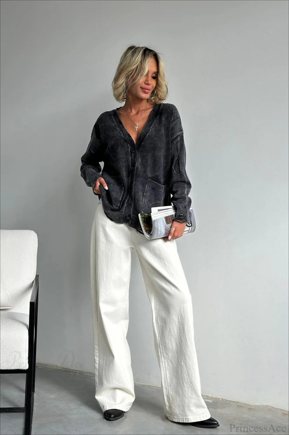 Loose Deep V Neck Knit Button Cardigan