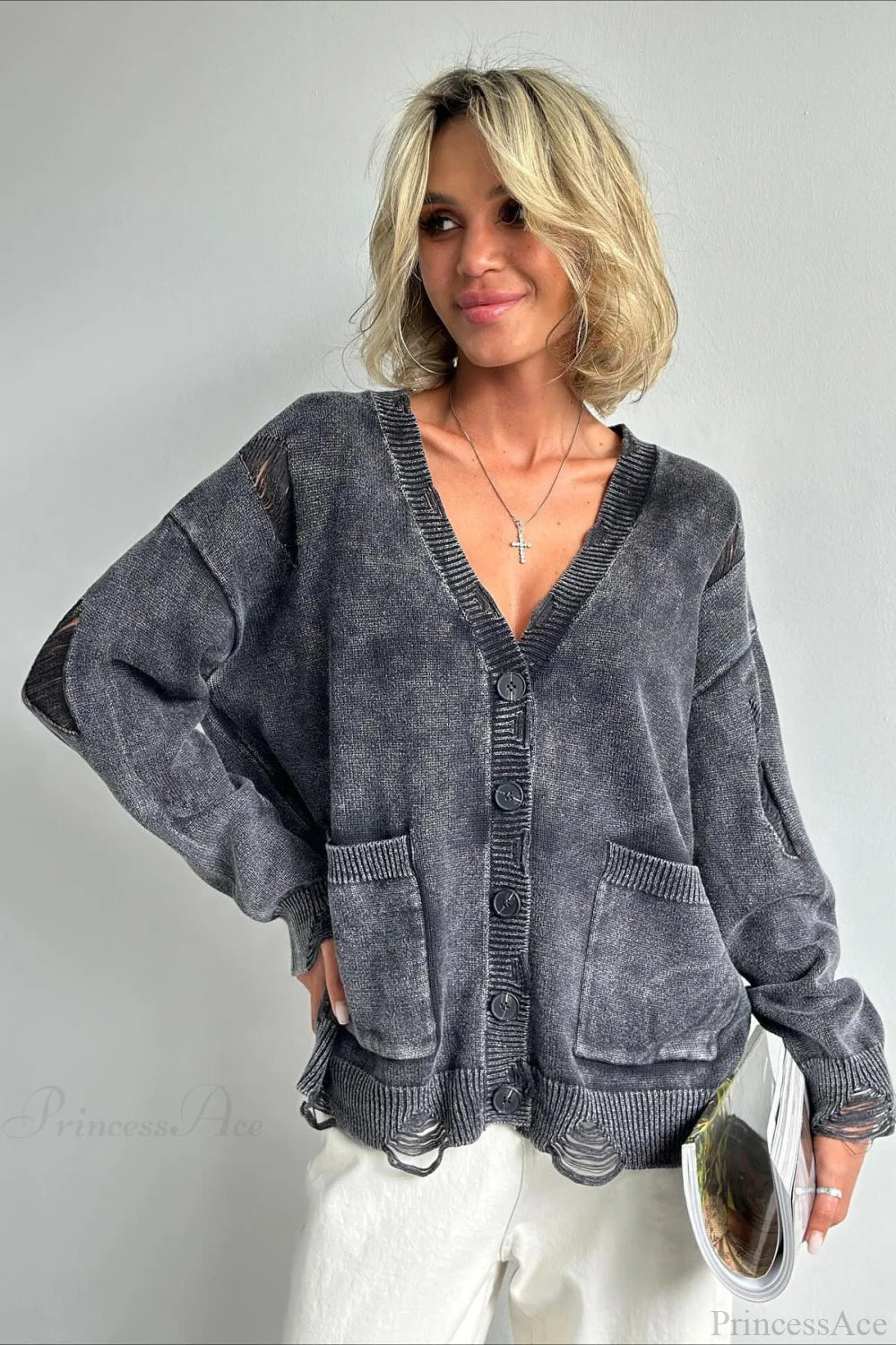 Loose Deep V Neck Knit Button Cardigan Black / S