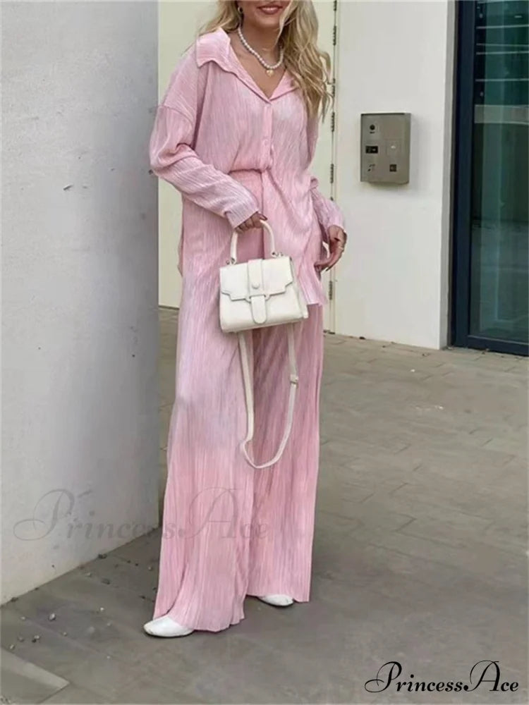 Loose - Down Piece Sets Button Spring And Women 2 Folded Streetwear Blouse Straight-Leg Warm-Season