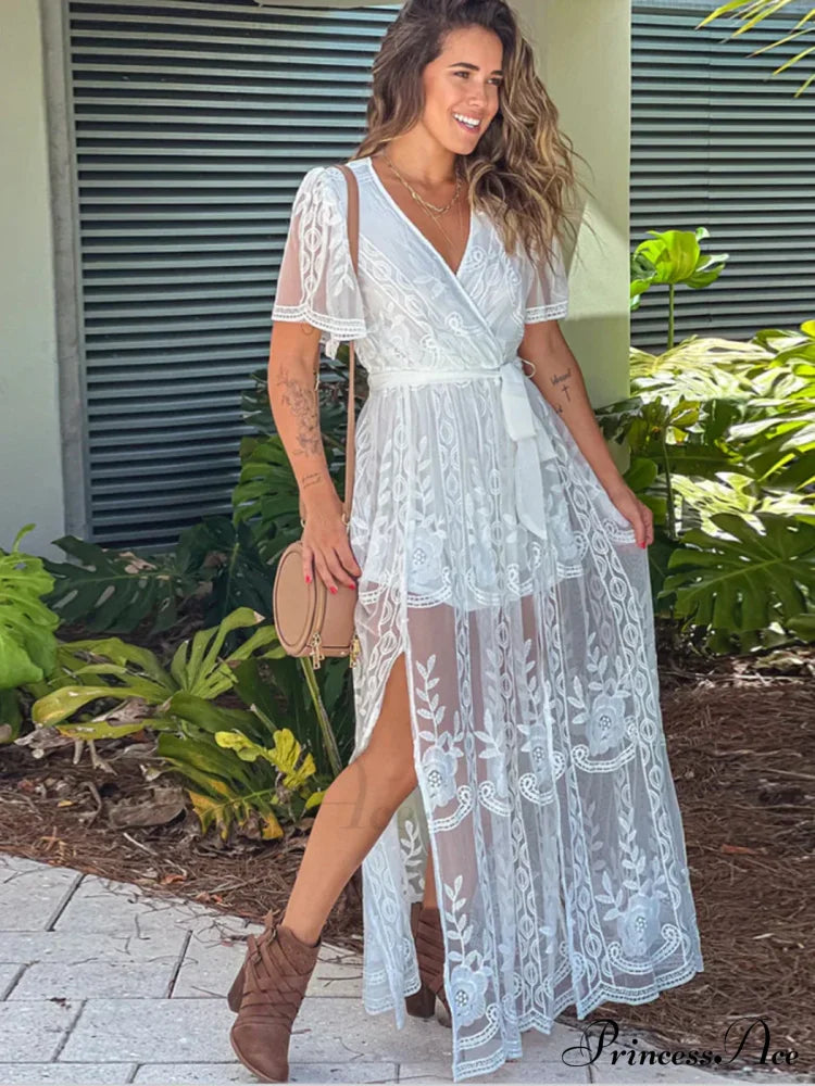 Loose Embroidery White Lace Maxi Boho Dress