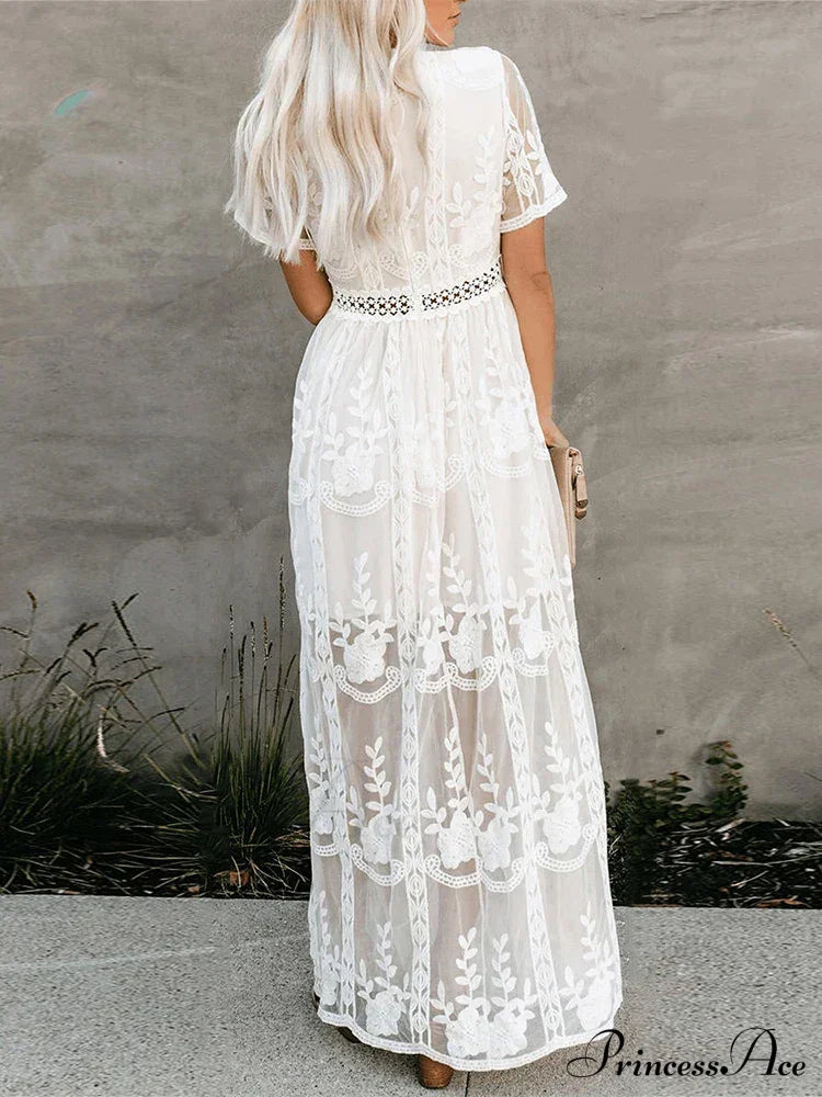 Loose Embroidery White Lace Maxi Boho Dress