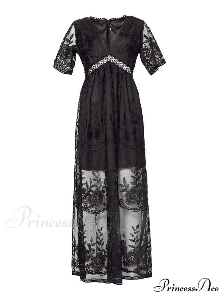 Loose Embroidery White Lace Maxi Boho Dress Black / S