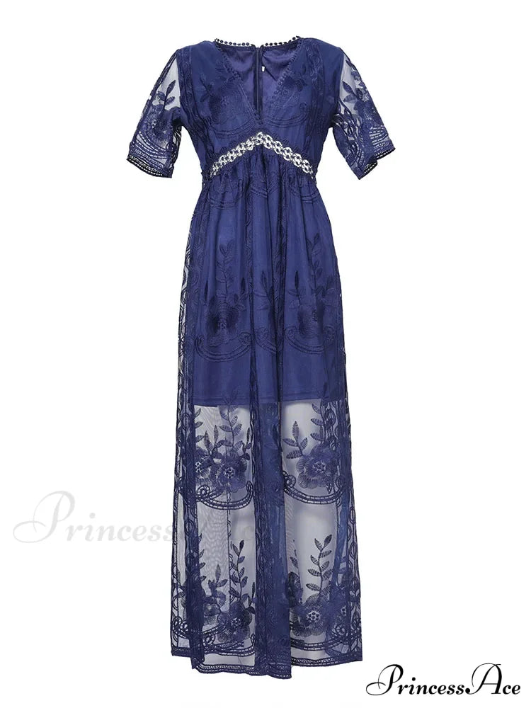 Loose Embroidery White Lace Maxi Boho Dress Darkblue / S