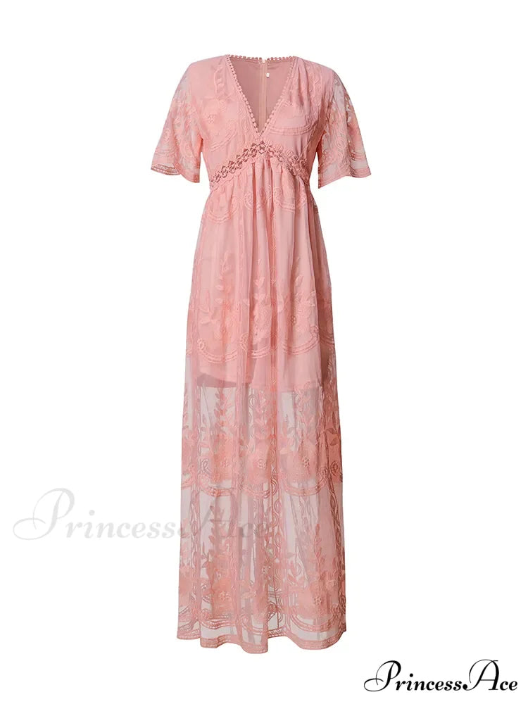 Loose Embroidery White Lace Maxi Boho Dress Pink / S