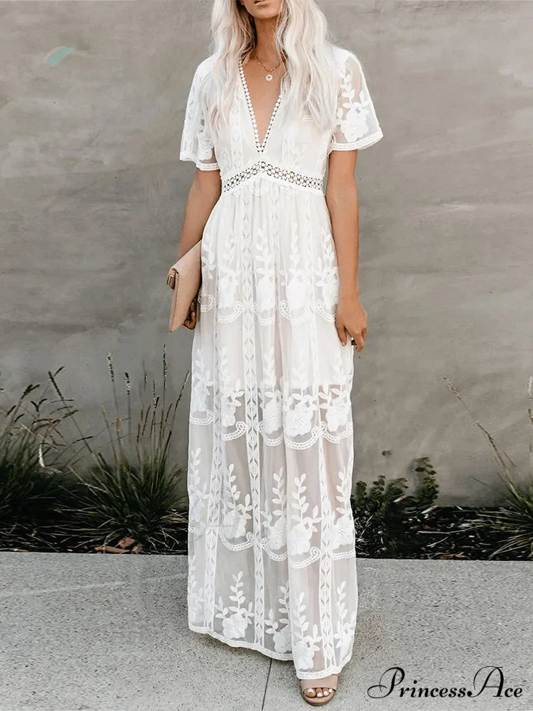 Loose Embroidery White Lace Maxi Boho Dress White / S