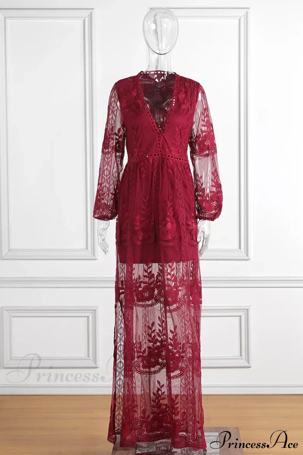 Loose Embroidery White Lace Maxi Boho Dress Winered / S
