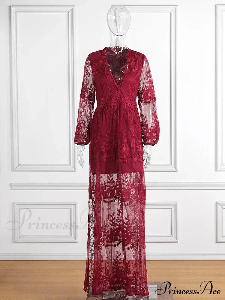 Loose Embroidery White Lace Maxi Boho Dress Winered / S