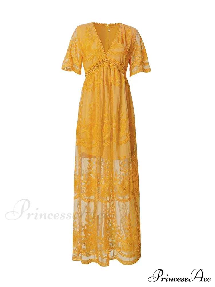 Loose Embroidery White Lace Maxi Boho Dress Yelow / S