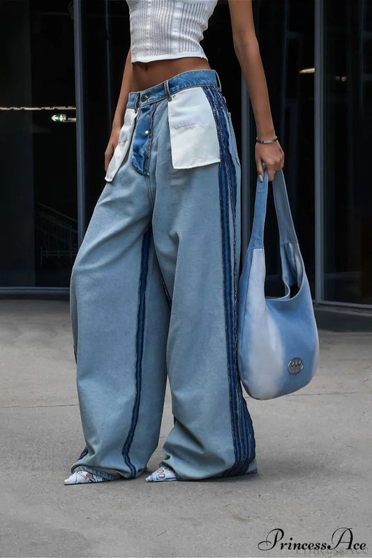 Loose Fit Draped Backward Style Jeans Blue / S