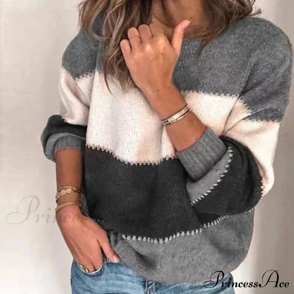 Women's Striped Patchwork Streetwear Loose Knitted Pullovers Tops Gray __stock:50 clothes refund_fee:1200 tops