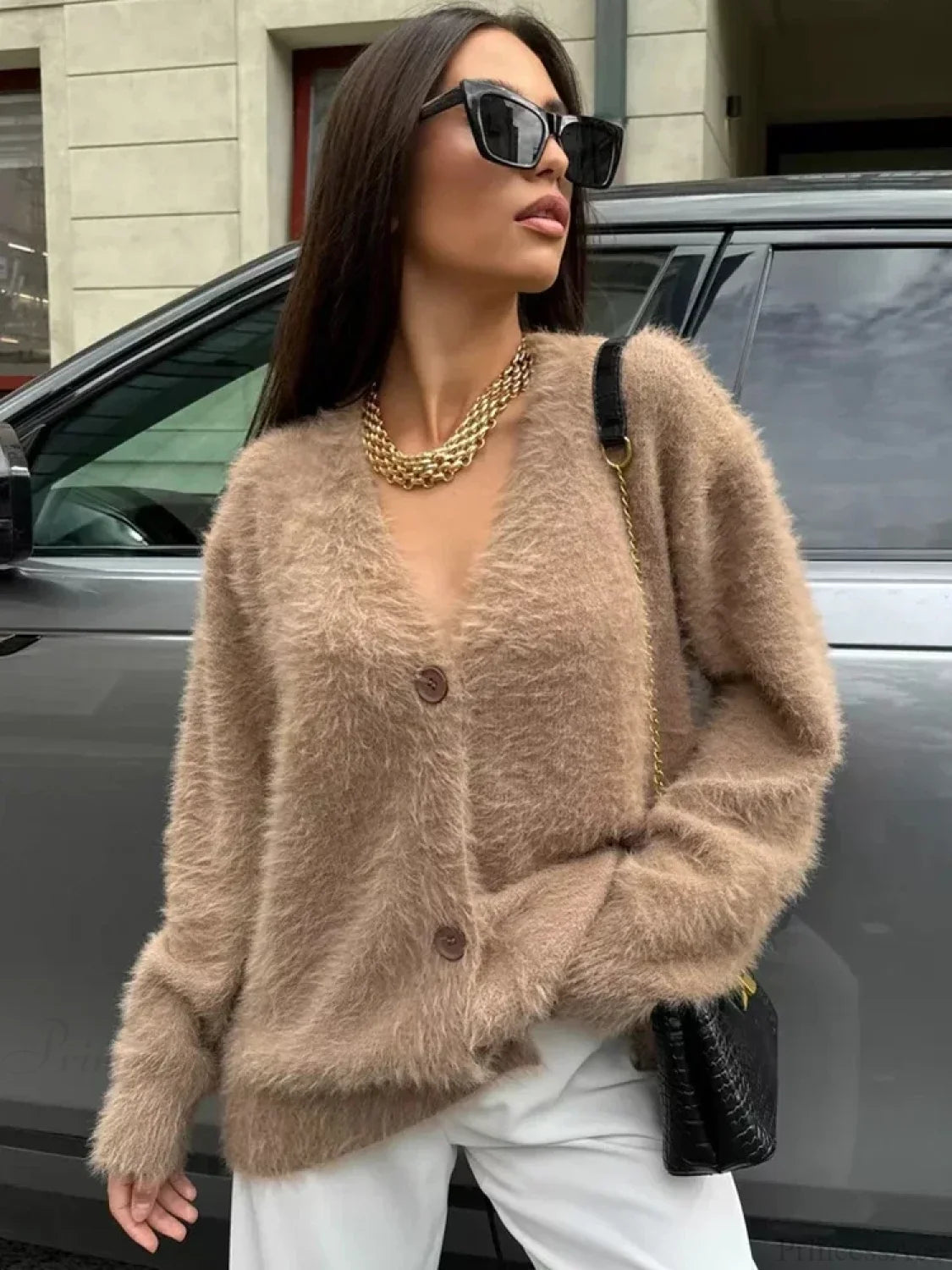 Loose Off Shoulder V-neck Cardigan Khaki / S