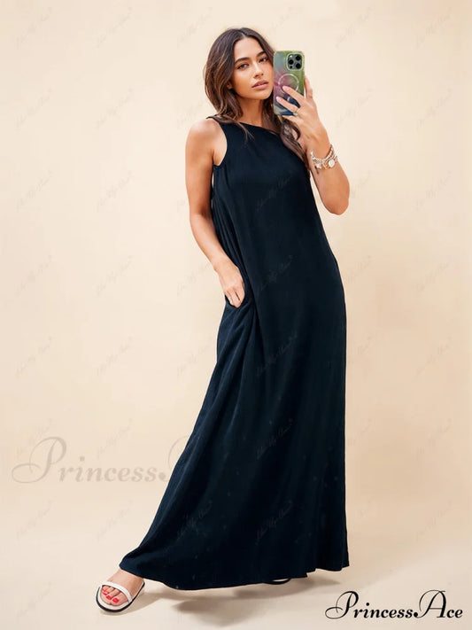 Loose One-Shoulder Sleeve Charming Pleated Pocket Dress Black / S Dresses