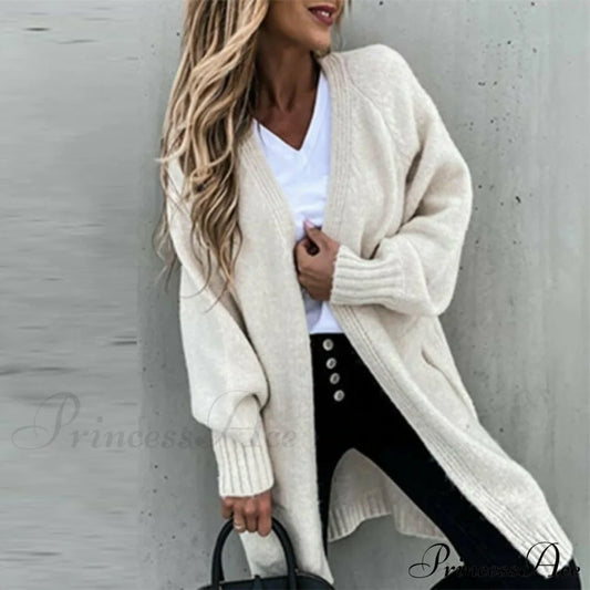 Casual Loose Solid Cardigan Beige cardigan cardigans clothes tops