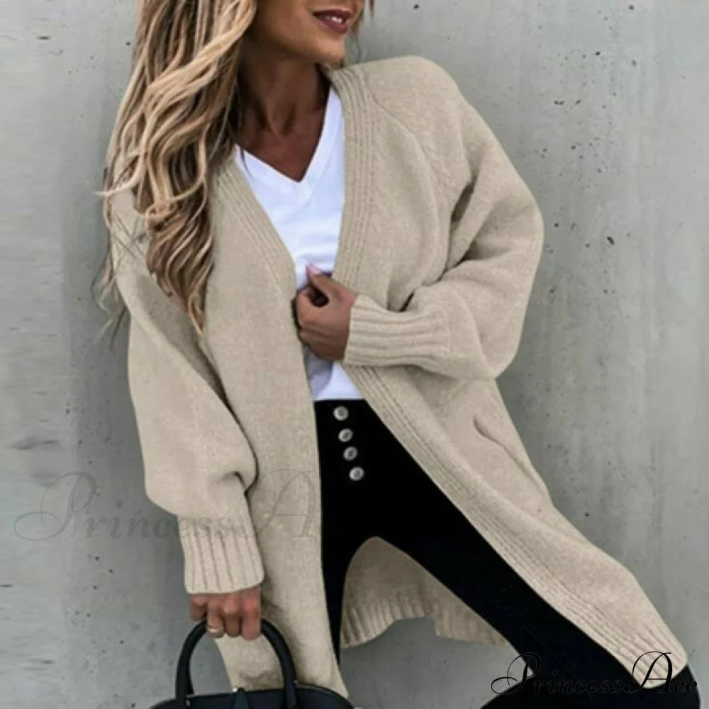 Casual Loose Solid Cardigan Khaki cardigan cardigans clothes tops