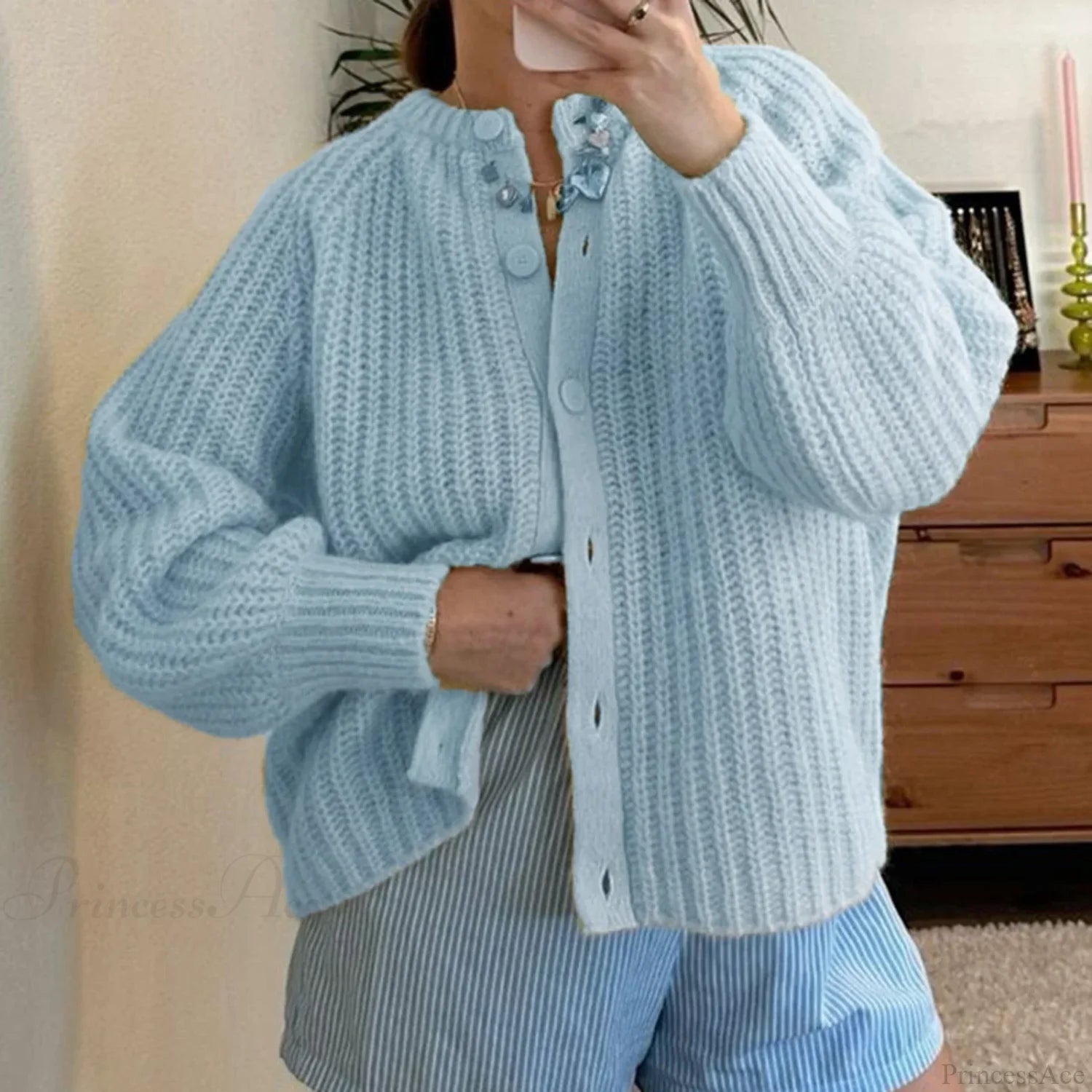 Loose Solid Crew Neck Button Cardigan blue / S