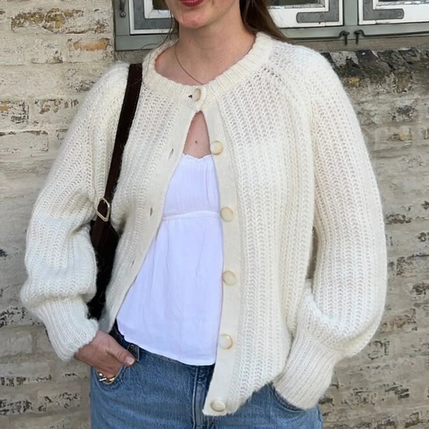 Loose Solid Crew Neck Button Cardigan white / S