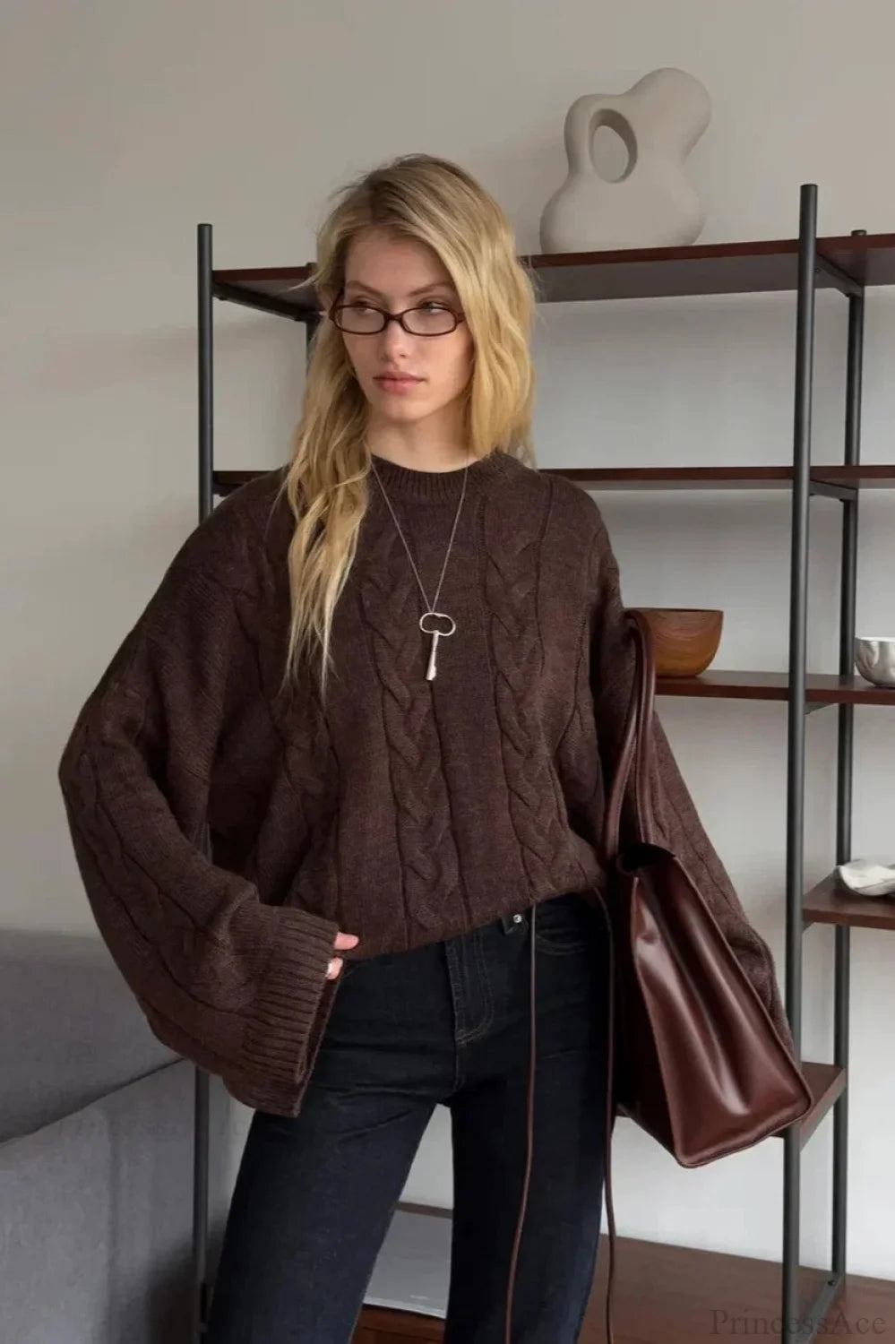 Loose Solid Lazy Casual Crewneck Sweater Dark brown / S