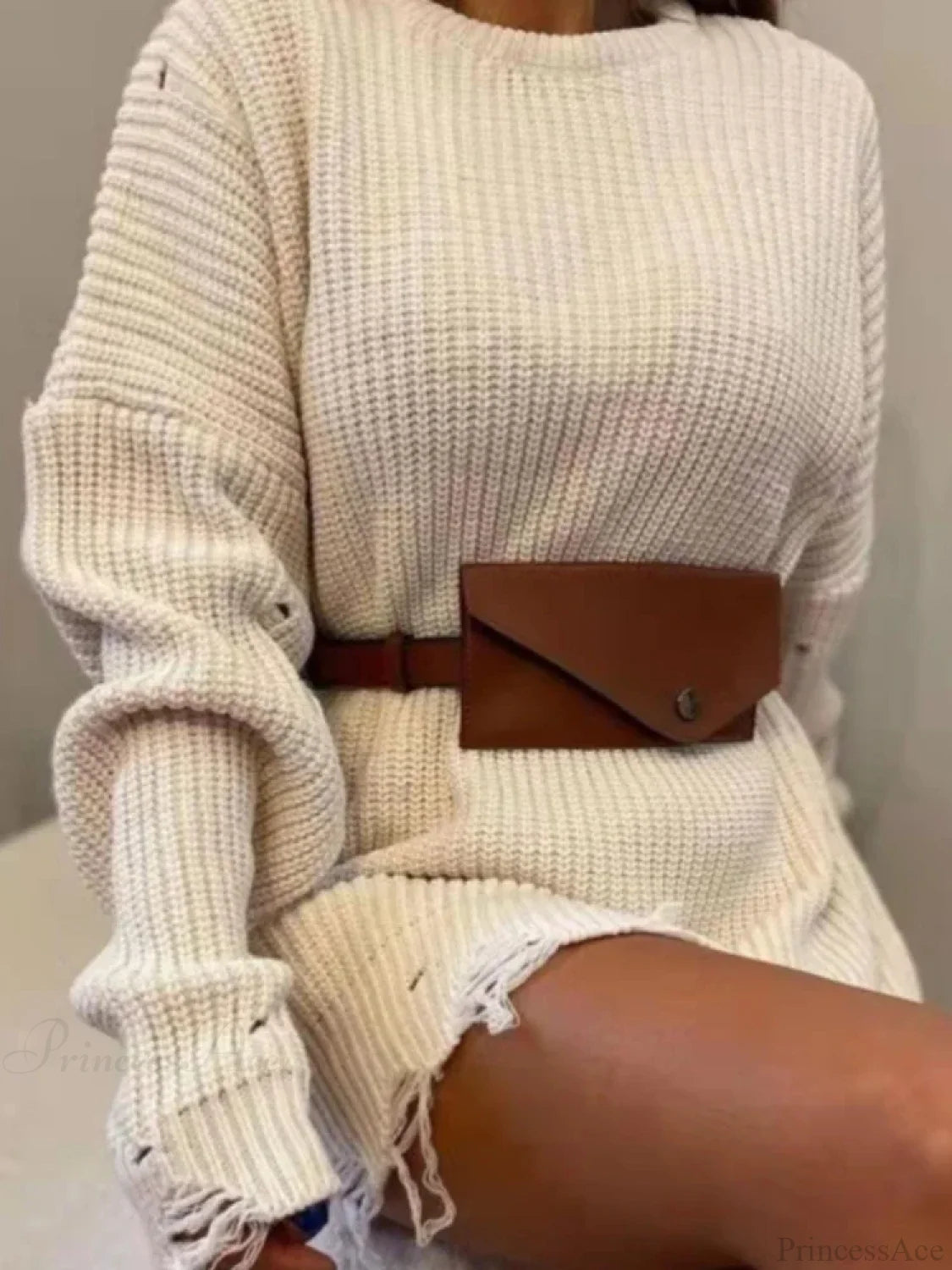 Loose Solid Ripped Round Neck Sweater Beige White / One Size